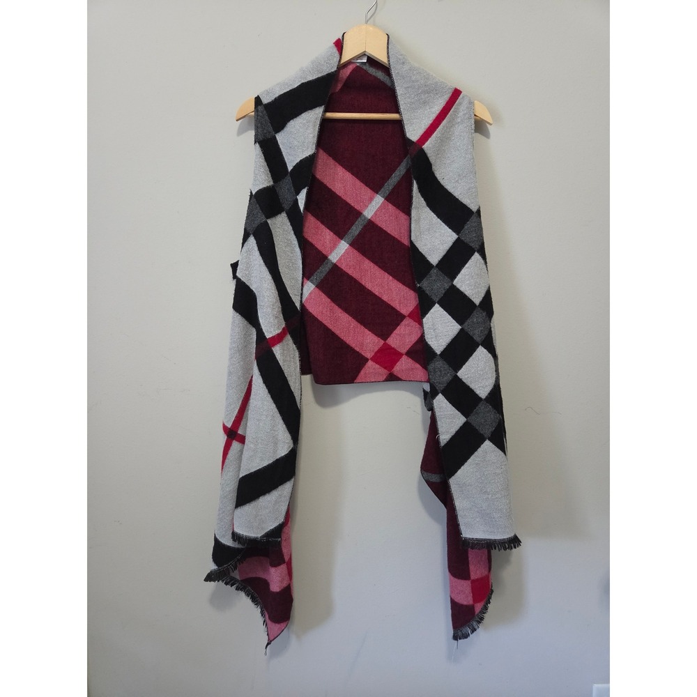 Tres Luxe Womens Plaid Open Front Sleeveless Vest Wrap Grey Red One Size
